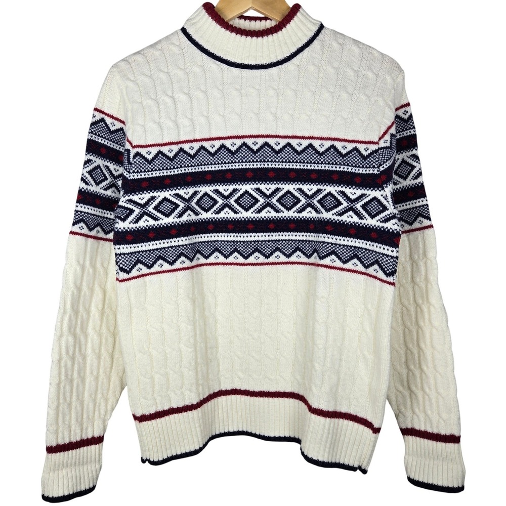 Lord Jeff Vintage Mens Small White Cable Knit Fair Isle Mock Neck Sweater USA